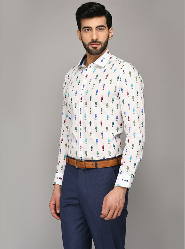 Wyre White Printed Slim Fit Evening Wear Shirt