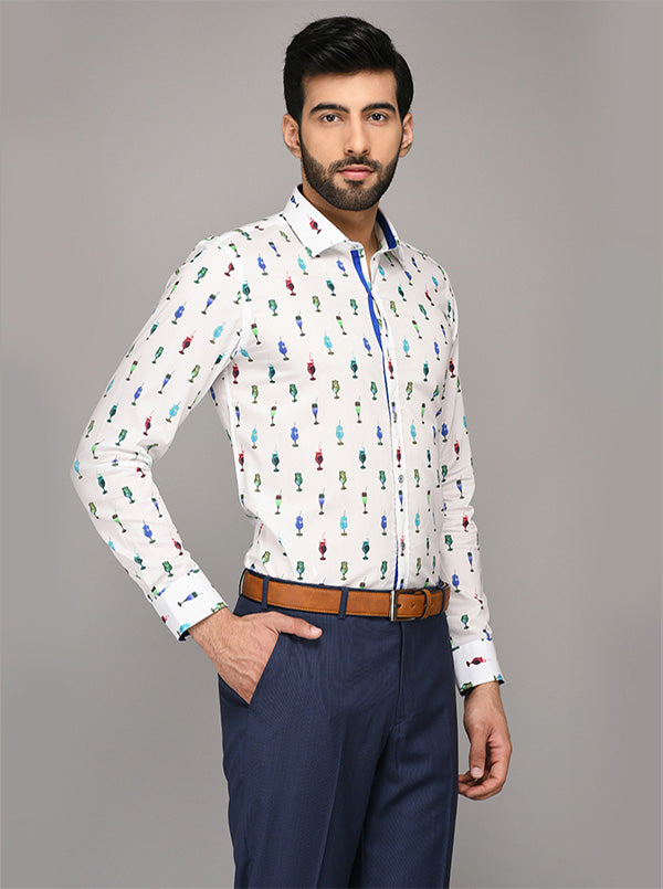 Wyre White Printed Slim Fit Evening Wear Shirt