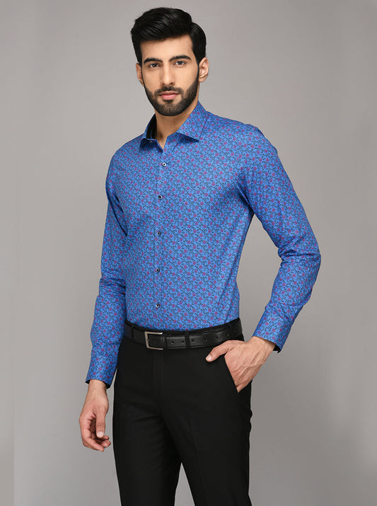 Wyre Blue Printed Slim Fit Evening Wear Shirt