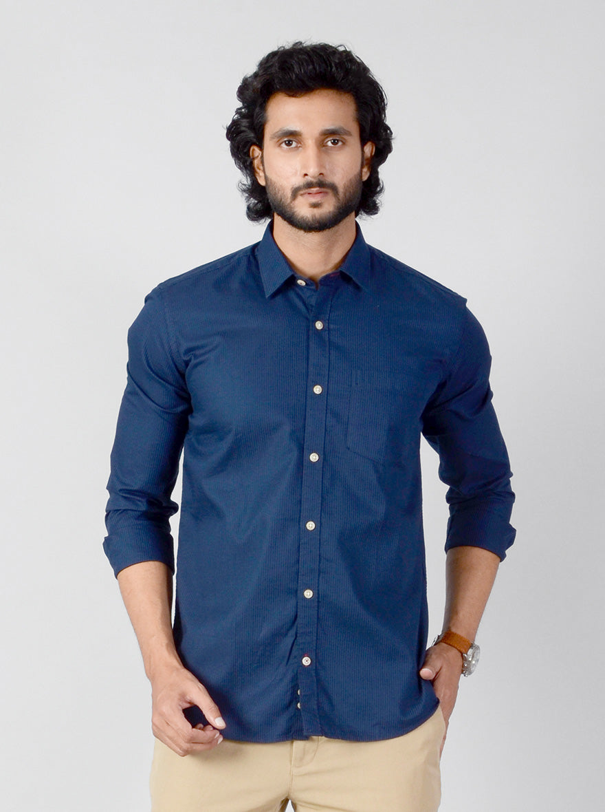 Navy Blue Solid Slim Fit Casual Shirt | JB Sport