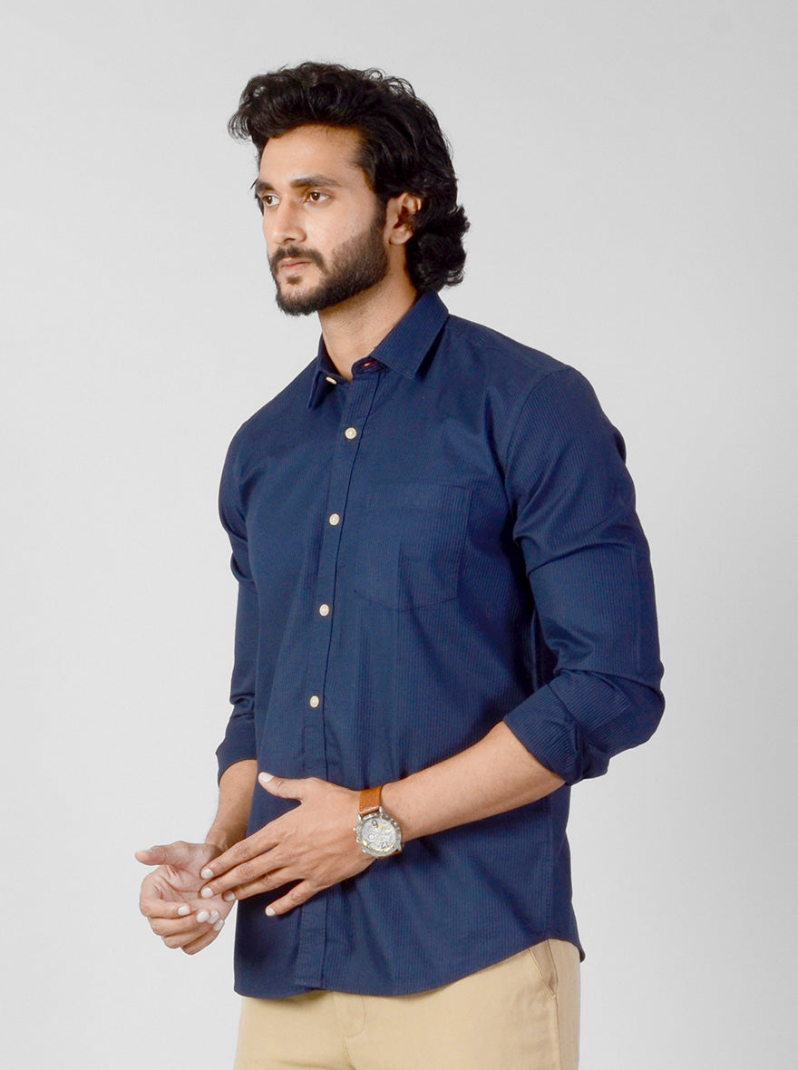 Navy Blue Solid Slim Fit Casual Shirt | JB Sport