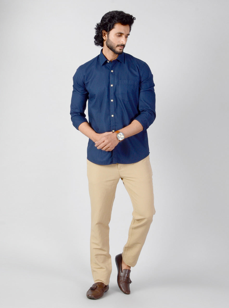 Navy Blue Solid Slim Fit Casual Shirt | JB Sport