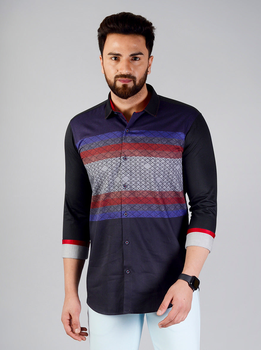 Black & Navy Blue Striped Slim Fit Party Wear Shirt | JB Studio