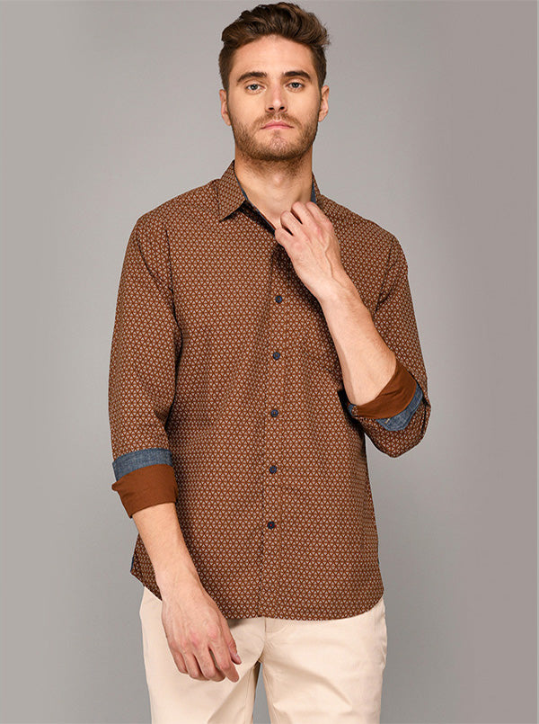 Greenfibre Brown Printed Slim Fit Casual Shirt