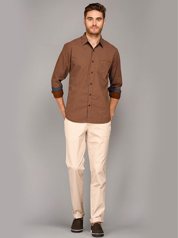 Greenfibre Brown Printed Slim Fit Casual Shirt