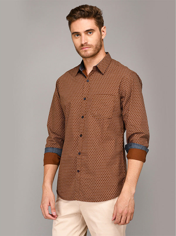 Greenfibre Brown Printed Slim Fit Casual Shirt