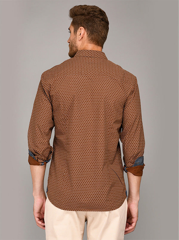 Greenfibre Brown Printed Slim Fit Casual Shirt