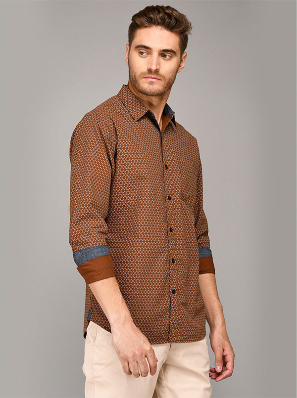 Greenfibre Brown Printed Slim Fit Casual Shirt