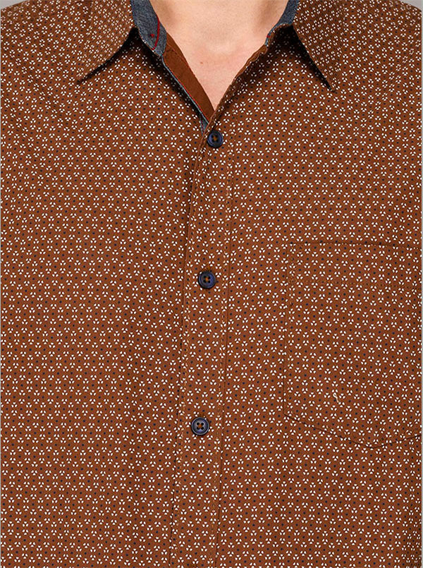 Greenfibre Brown Printed Slim Fit Casual Shirt