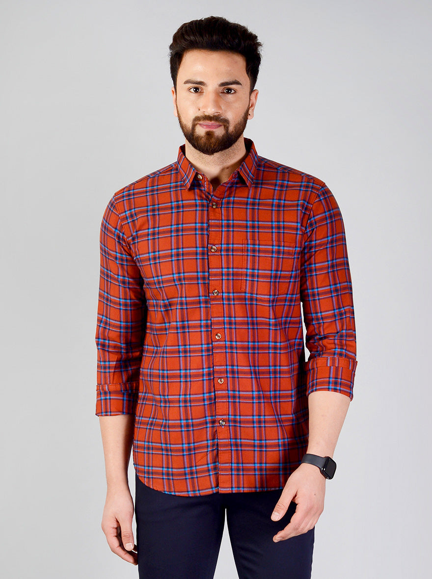 Rustic Orange Checked Slim Fit Casual Shirt | JB Sport