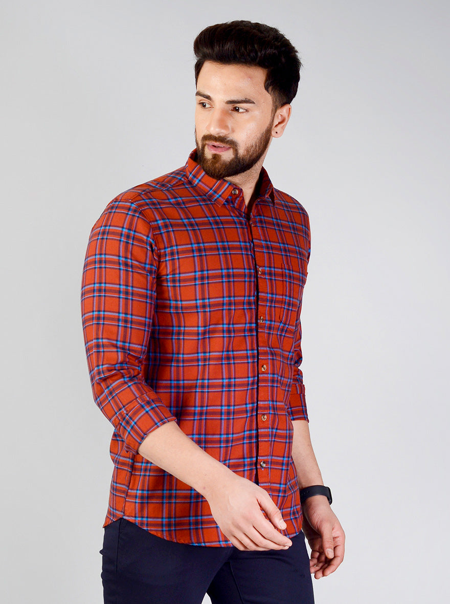 Rustic Orange Checked Slim Fit Casual Shirt | JB Sport