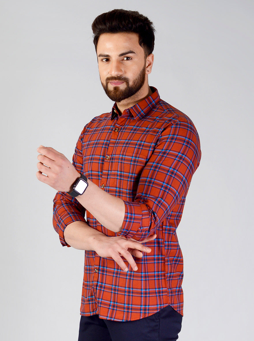 Rustic Orange Checked Slim Fit Casual Shirt | JB Sport