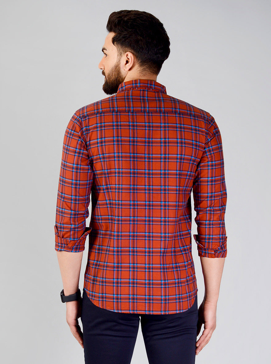 Rustic Orange Checked Slim Fit Casual Shirt | JB Sport