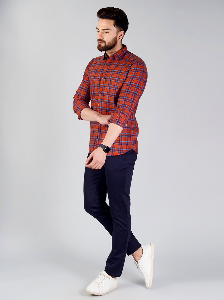 Rustic Orange Checked Slim Fit Casual Shirt | JB Sport