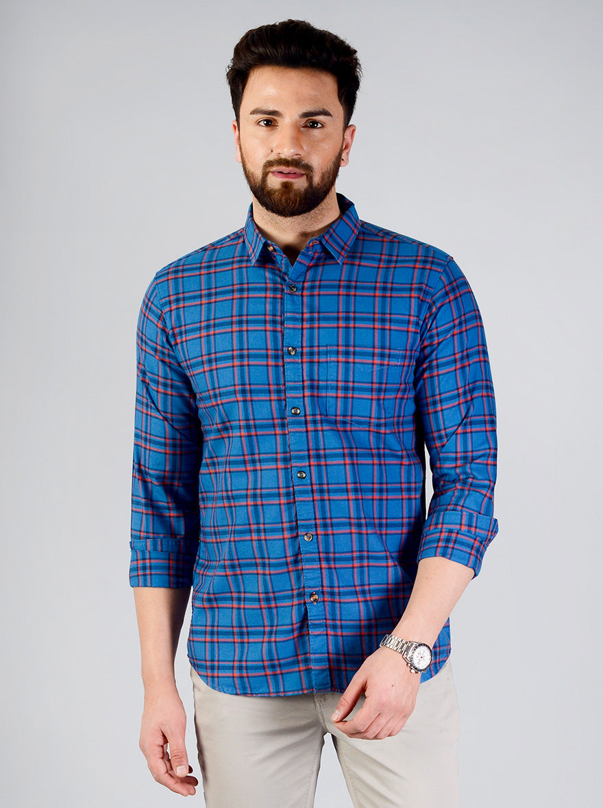 Cobalt Blue Checked Slim Fit Casual Shirt | JB Sport