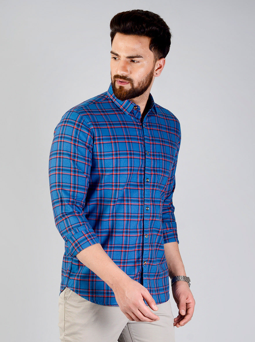 Cobalt Blue Checked Slim Fit Casual Shirt | JB Sport