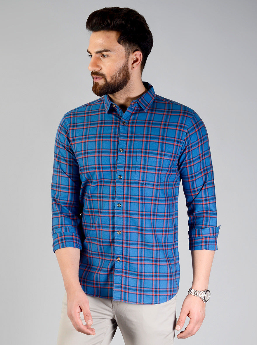 Cobalt Blue Checked Slim Fit Casual Shirt | JB Sport