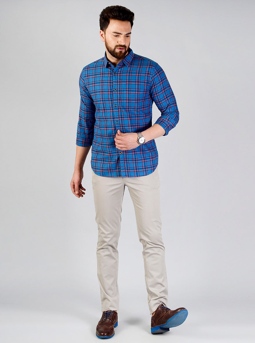 Cobalt Blue Checked Slim Fit Casual Shirt | JB Sport