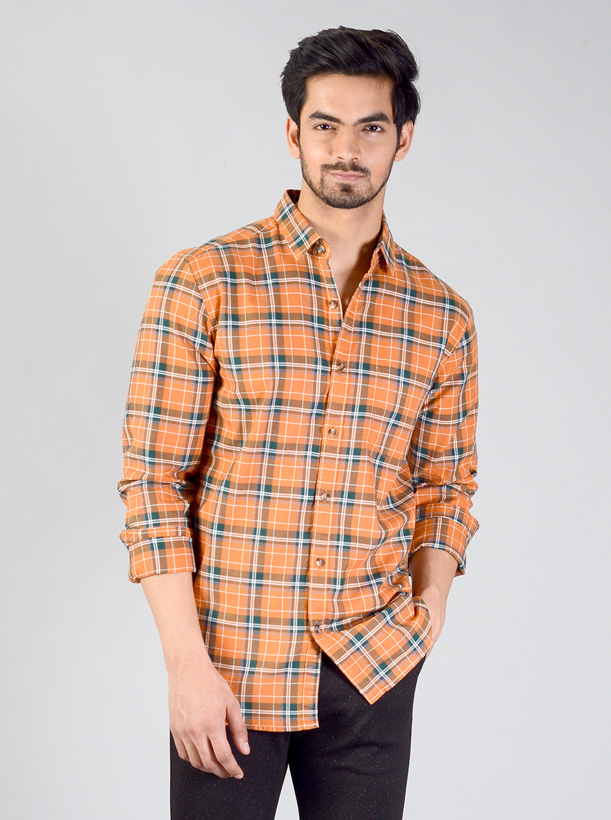 Orange Checked Slim Fit Casual Shirt | JB Sport