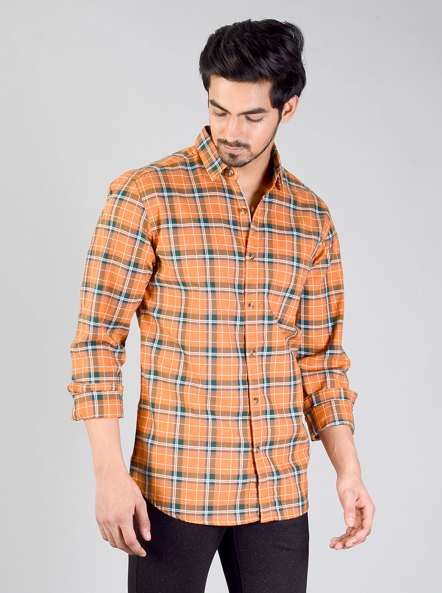 Orange Checked Slim Fit Casual Shirt | JB Sport