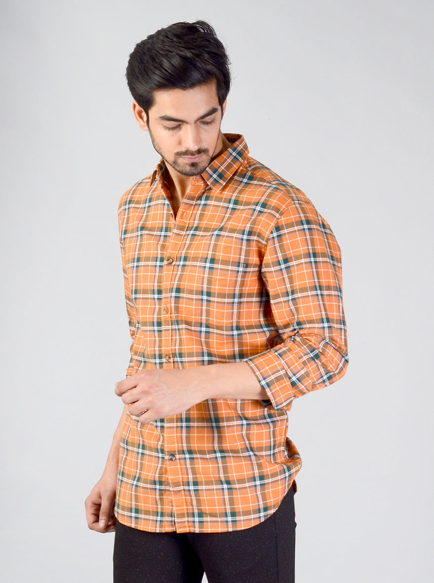 Orange Checked Slim Fit Casual Shirt | JB Sport