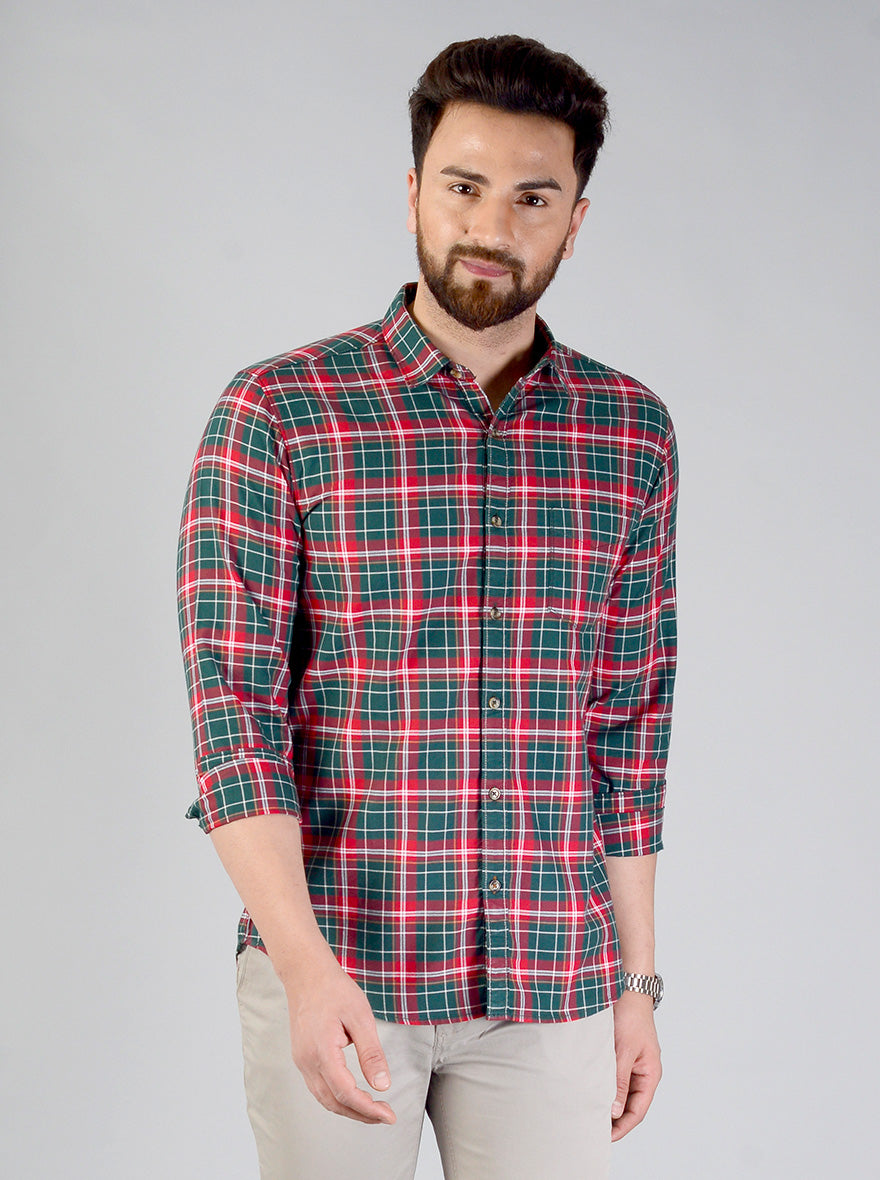 Bottle Green & Red Checked Slim Fit Casual Shirt | JB Sport