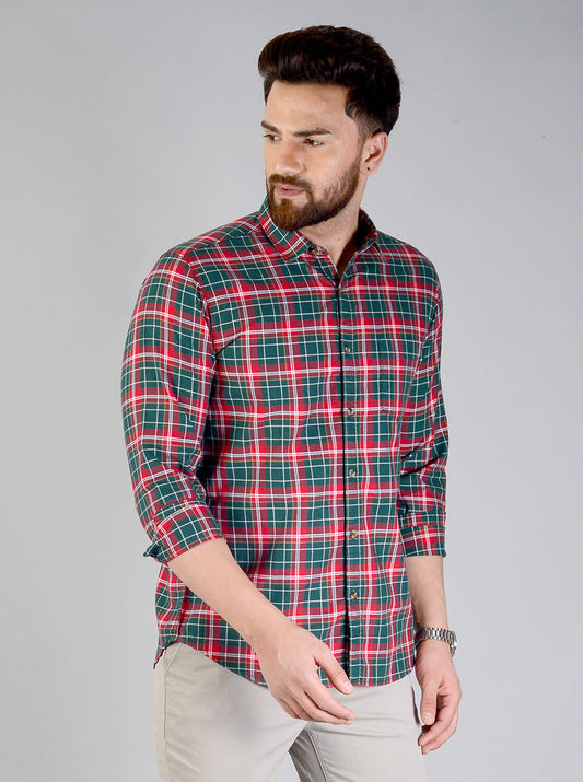 Bottle Green & Red Checked Slim Fit Casual Shirt | JB Sport