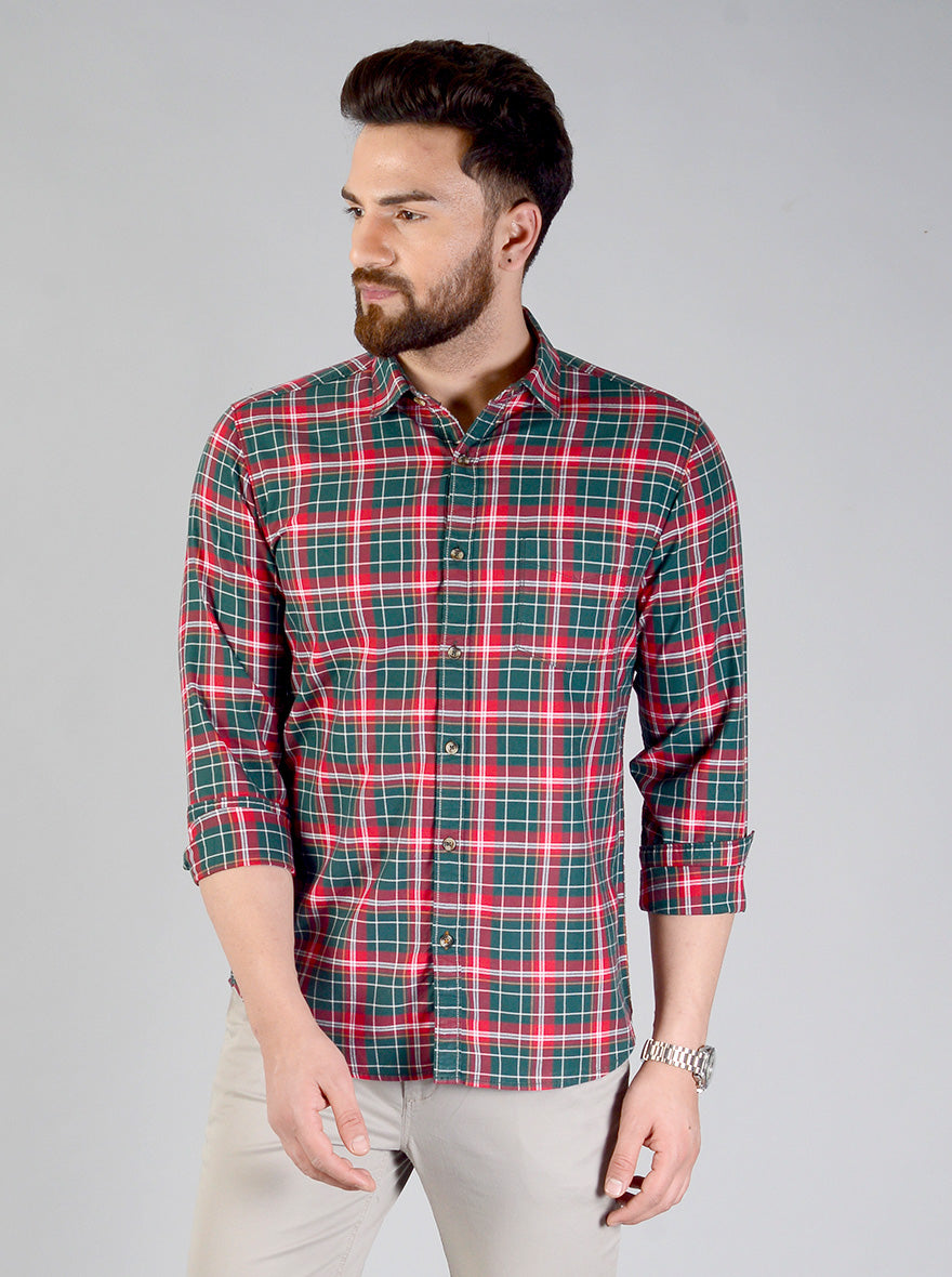 Bottle Green & Red Checked Slim Fit Casual Shirt | JB Sport