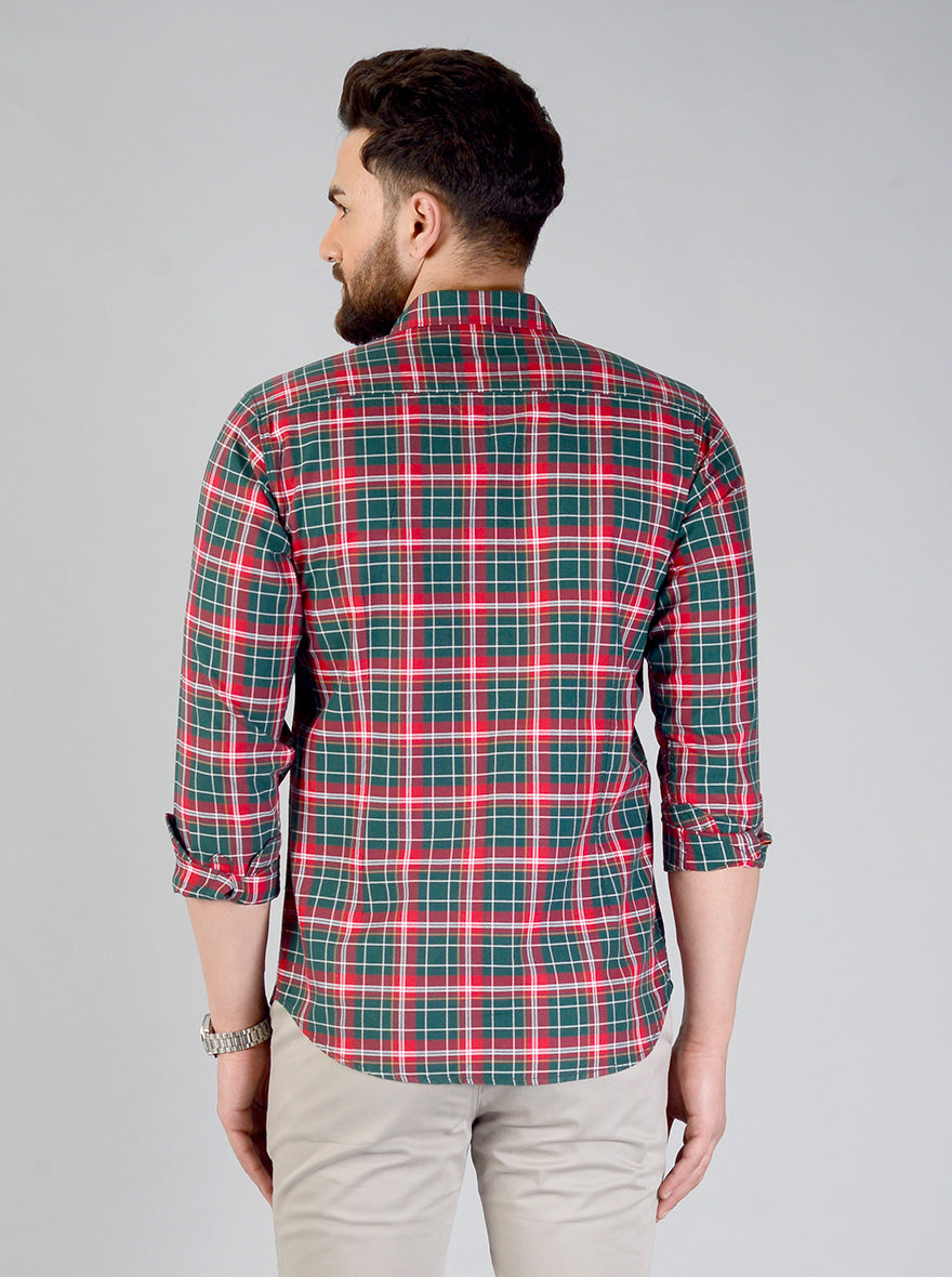 Bottle Green & Red Checked Slim Fit Casual Shirt | JB Sport