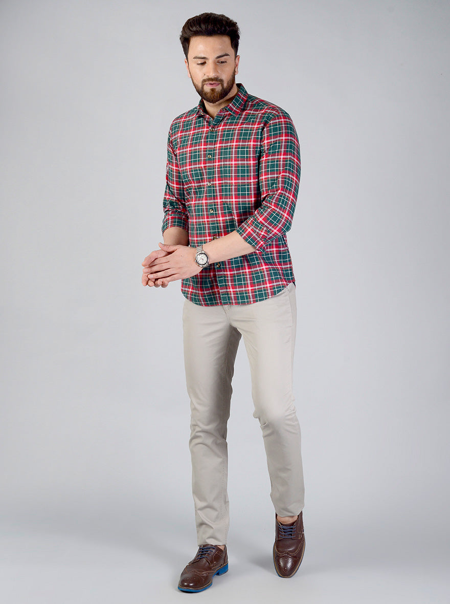 Bottle Green & Red Checked Slim Fit Casual Shirt | JB Sport