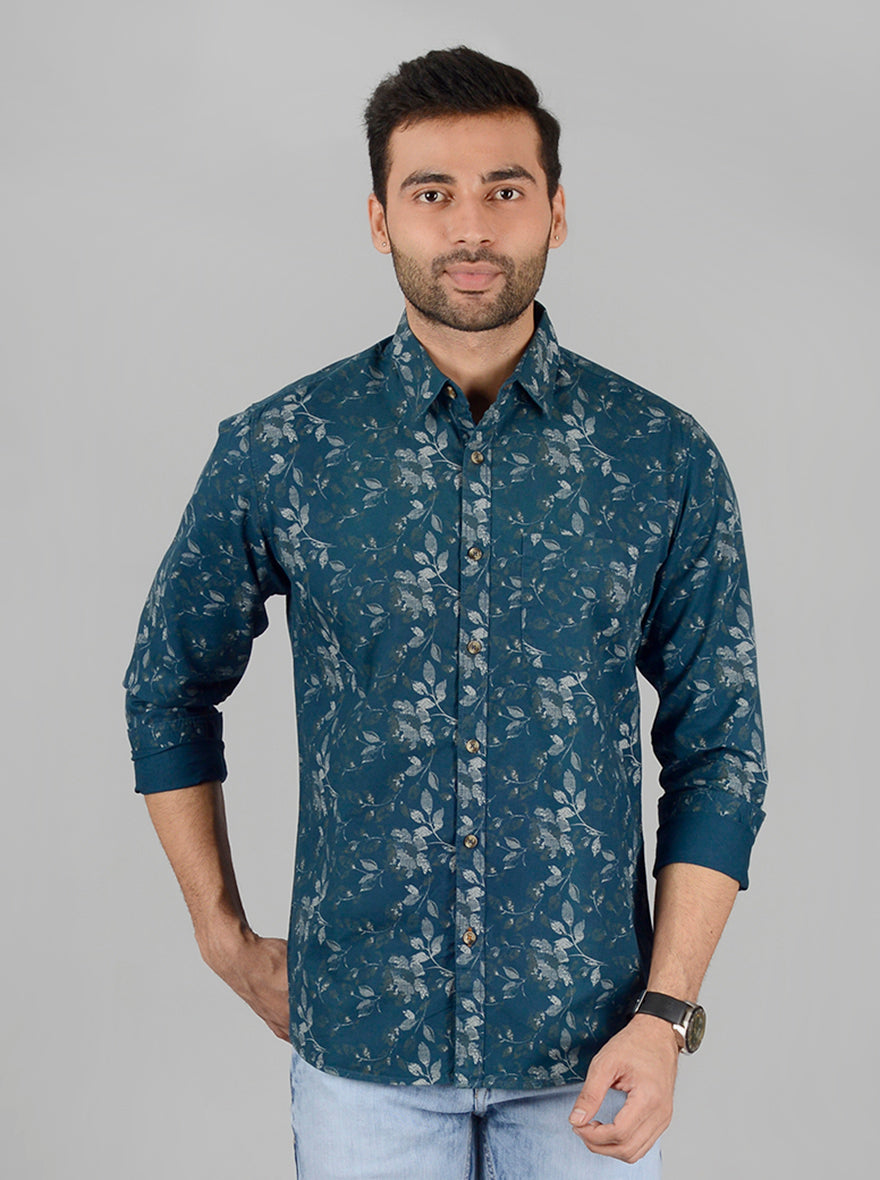 Teal Blue Printed Slim Fit Casual Shirt | JB Sport