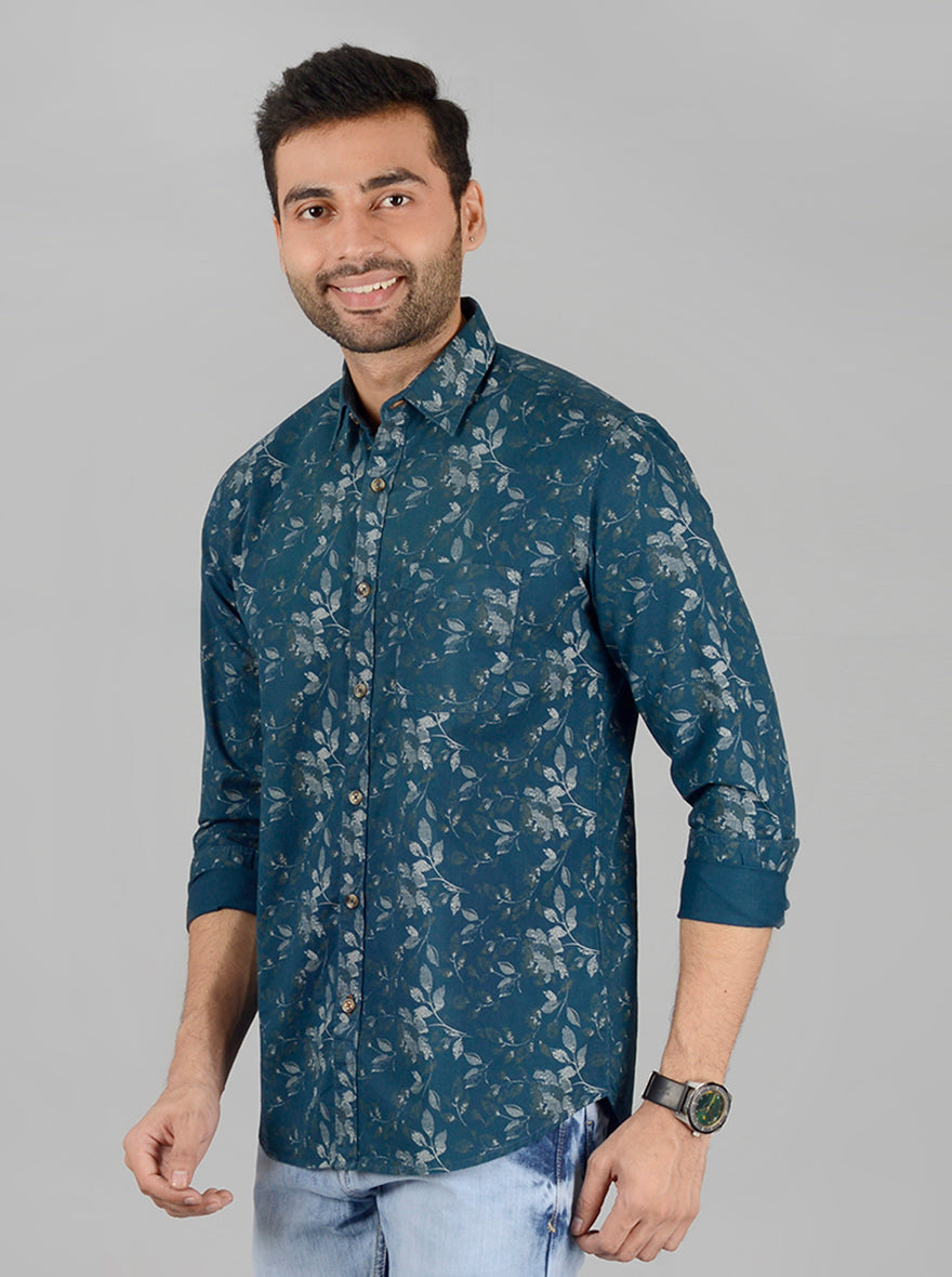 Teal Blue Printed Slim Fit Casual Shirt | JB Sport