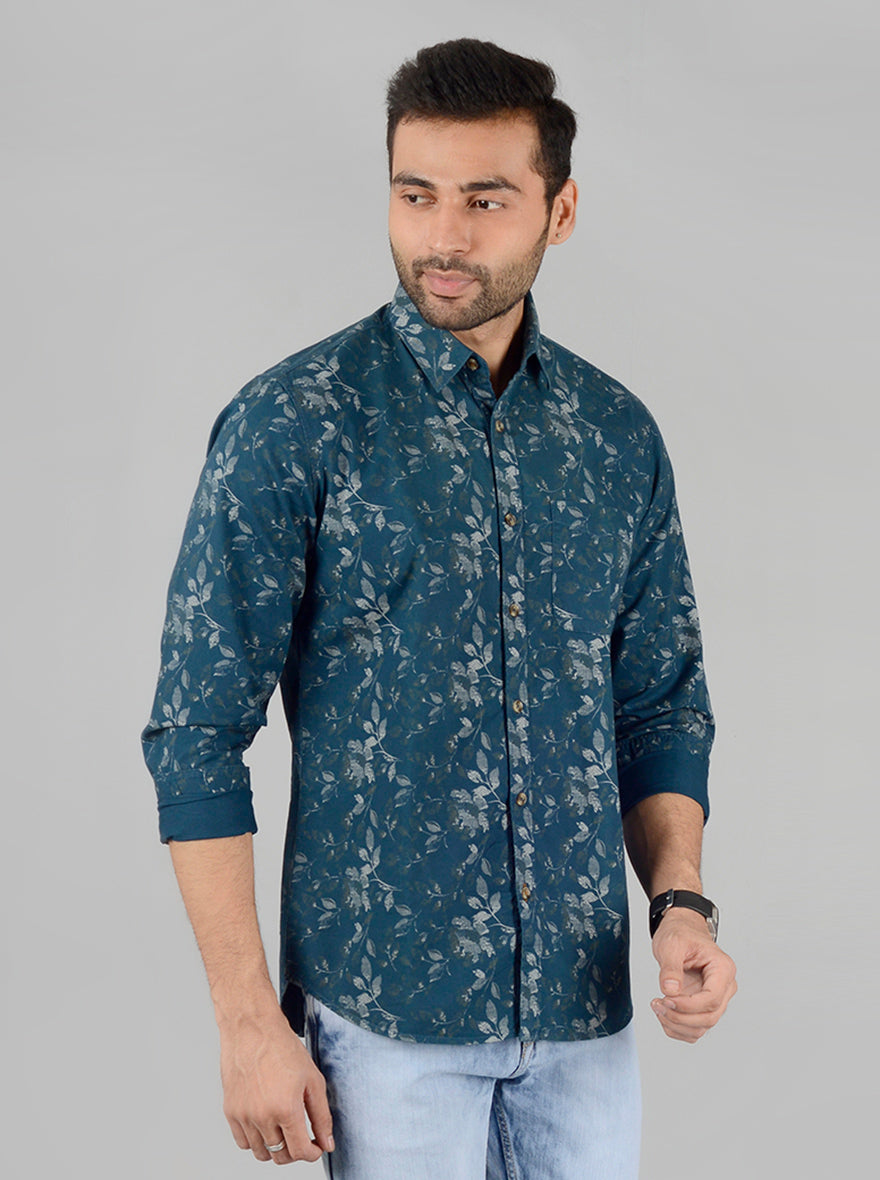 Teal Blue Printed Slim Fit Casual Shirt | JB Sport