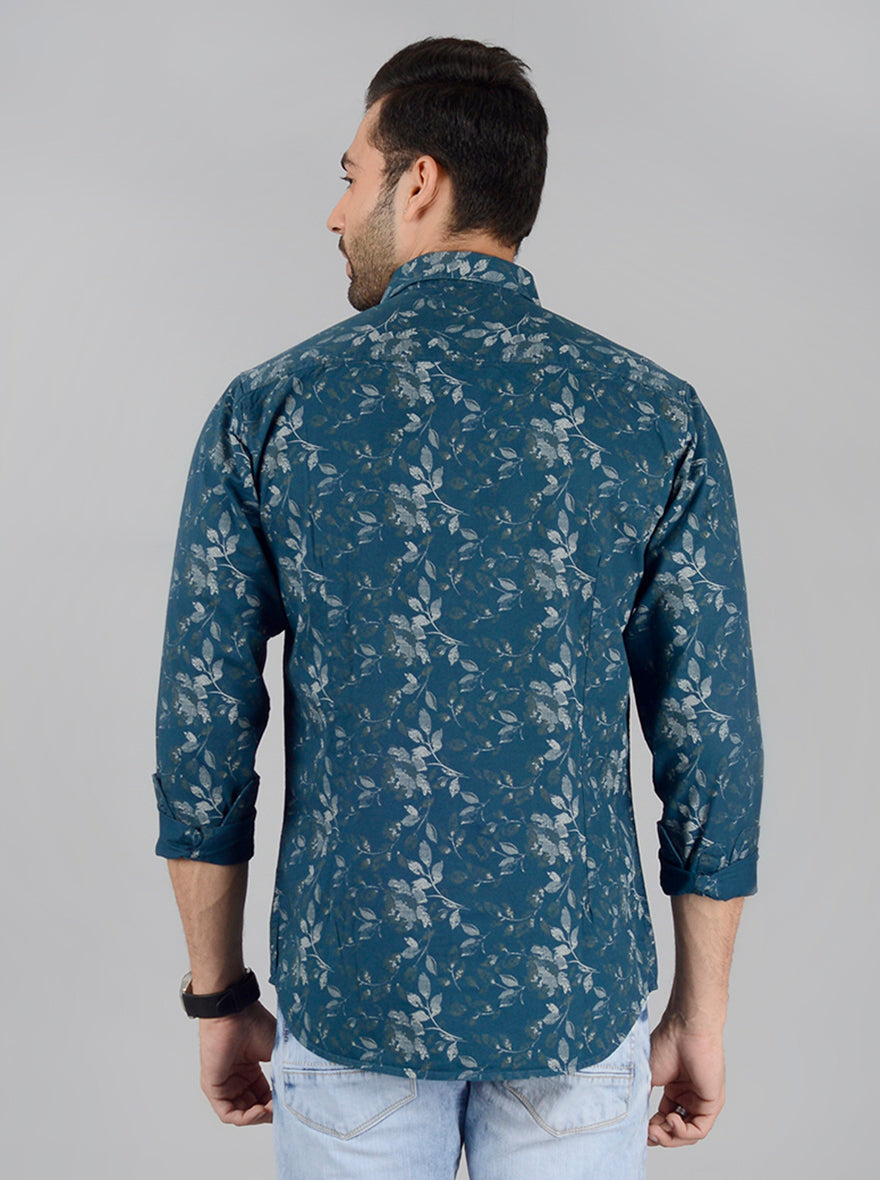 Teal Blue Printed Slim Fit Casual Shirt | JB Sport