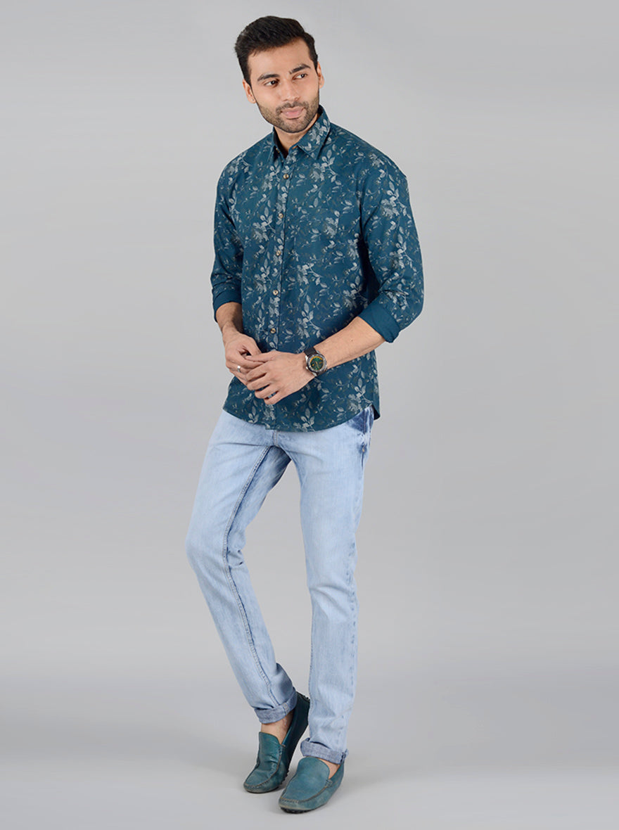 Teal Blue Printed Slim Fit Casual Shirt | JB Sport