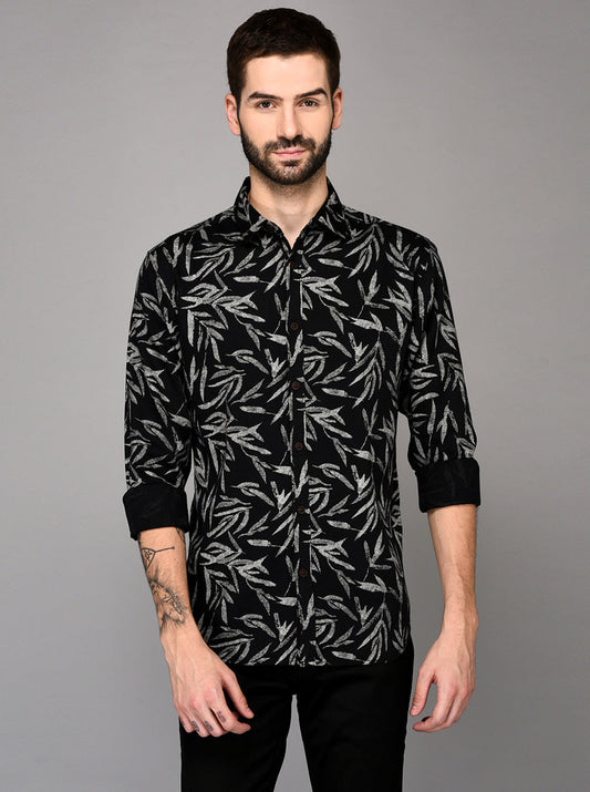 Greenfibre Black Printed Slim Fit Casual Shirt