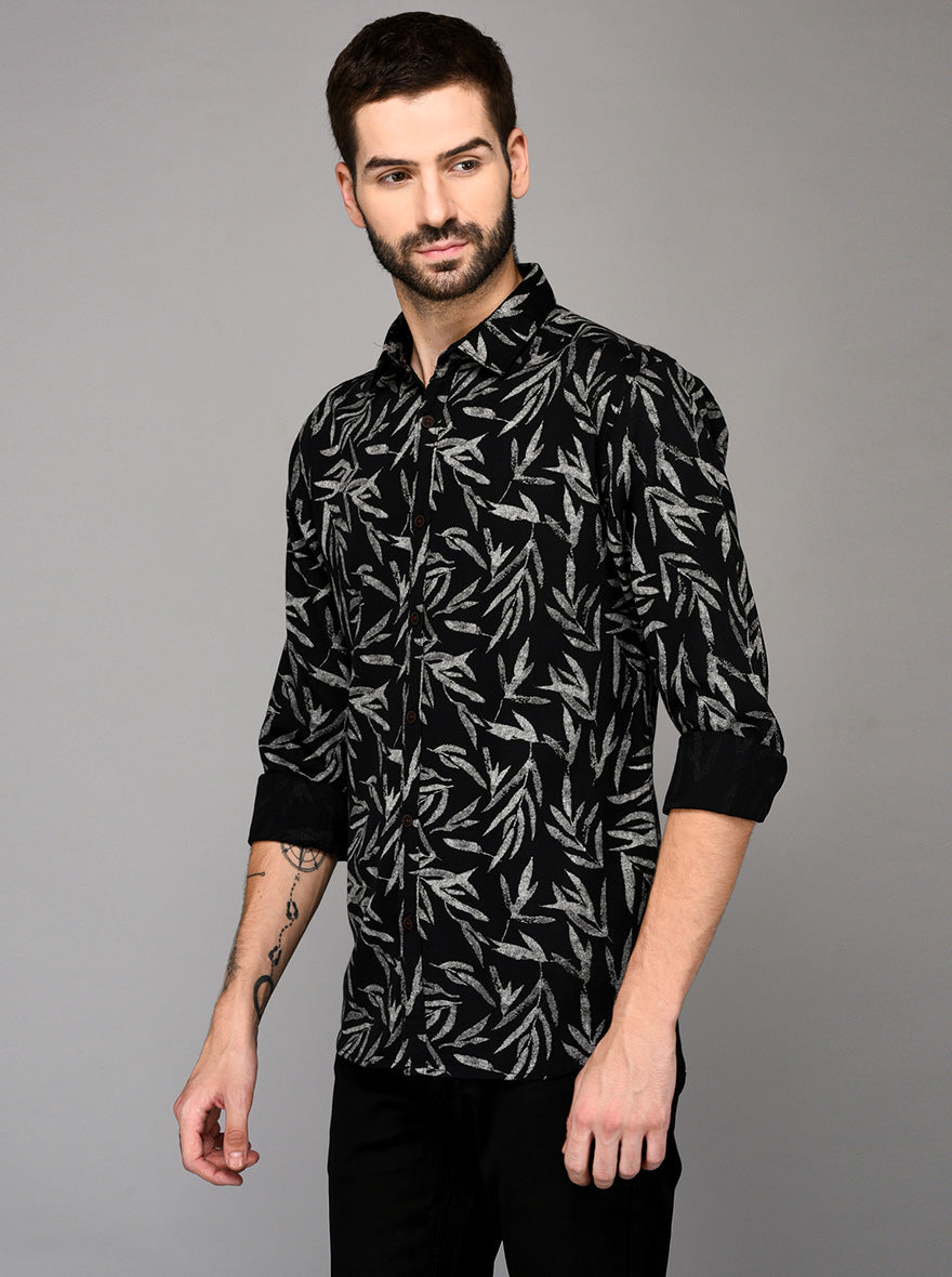 Greenfibre Black Printed Slim Fit Casual Shirt