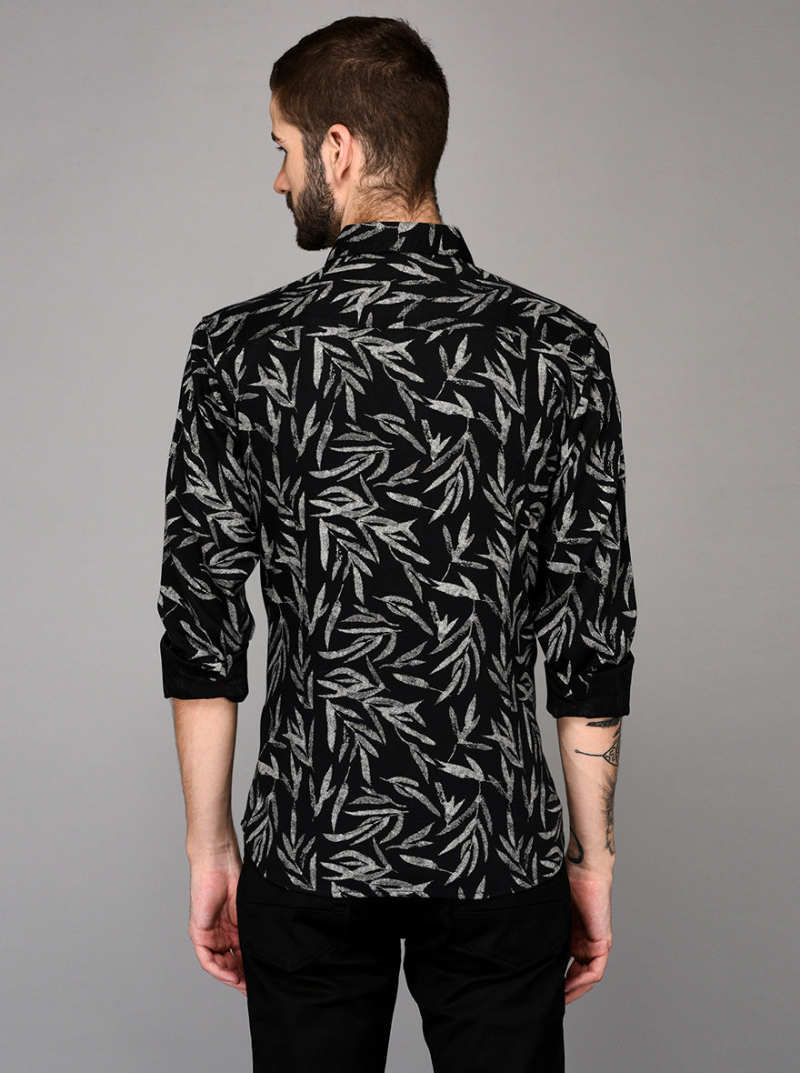 Greenfibre Black Printed Slim Fit Casual Shirt