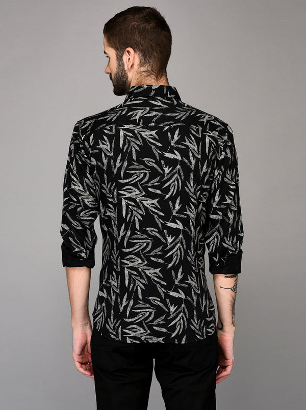 Greenfibre Black Printed Slim Fit Casual Shirt