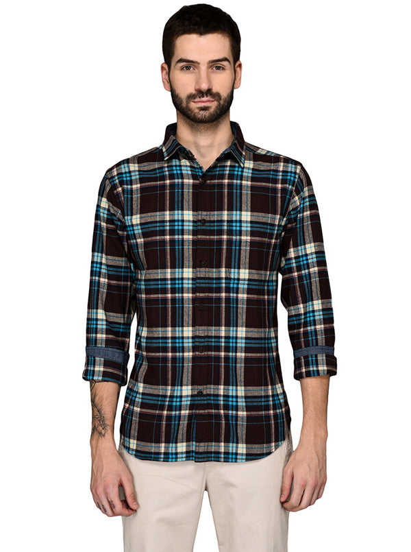 Greenfibre Coffee Brown & Blue Checked Slim Fit Casual Shirt