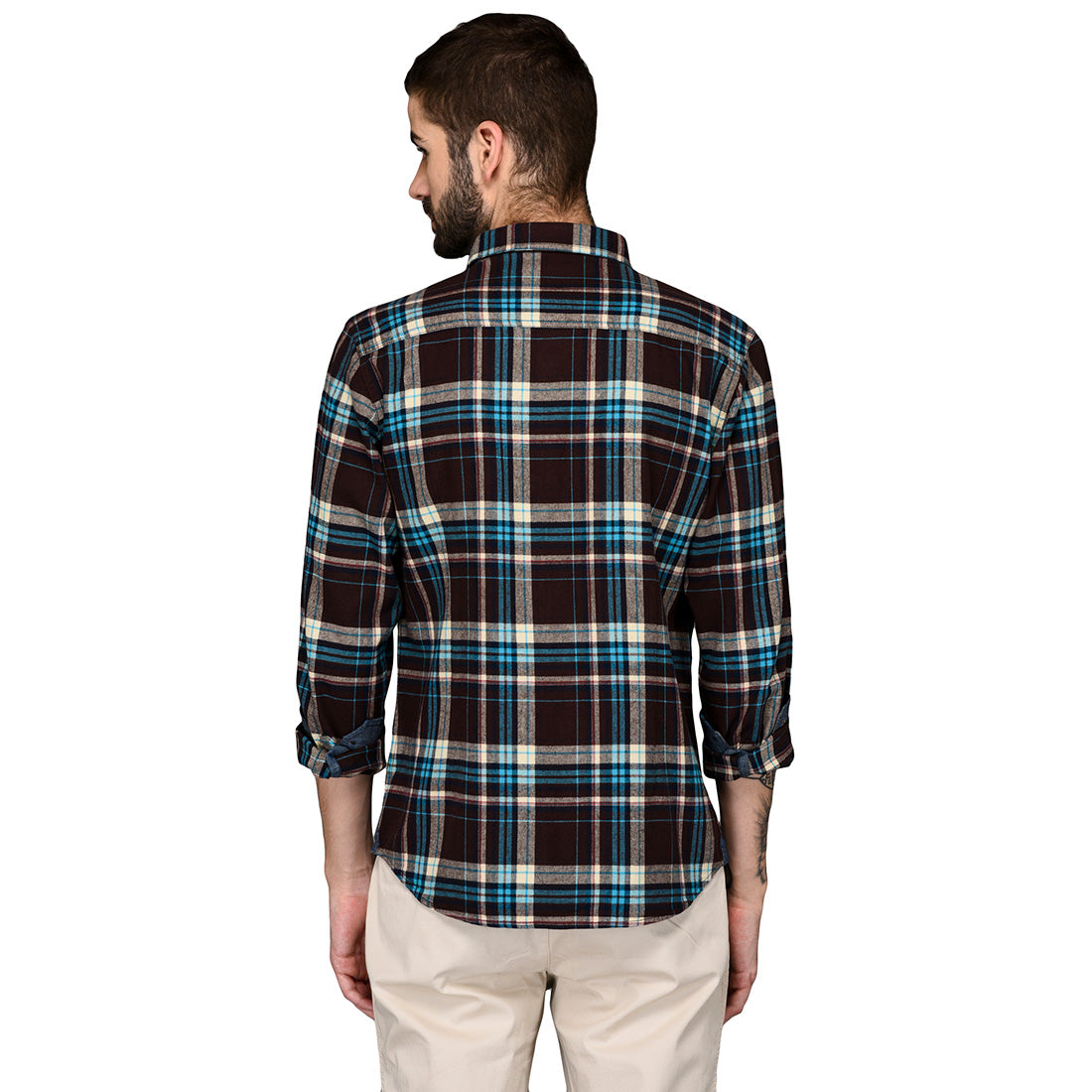 Greenfibre Coffee Brown & Blue Checked Slim Fit Casual Shirt