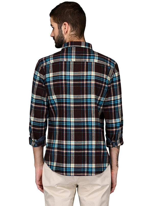 Greenfibre Coffee Brown & Blue Checked Slim Fit Casual Shirt