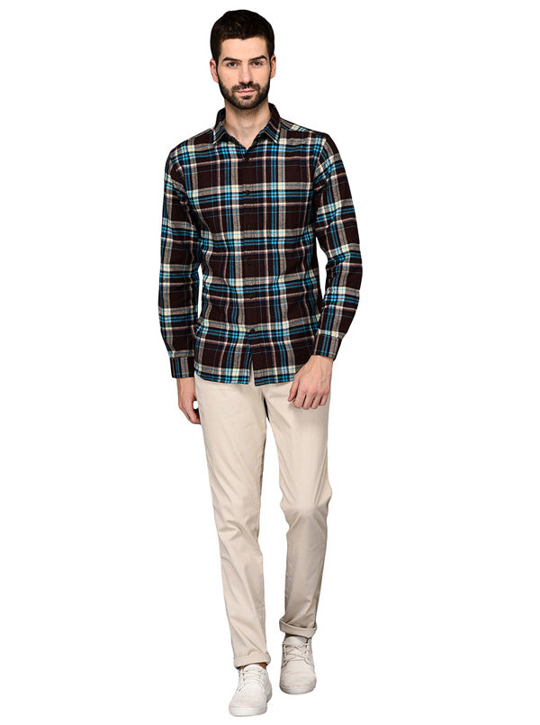 Greenfibre Coffee Brown & Blue Checked Slim Fit Casual Shirt