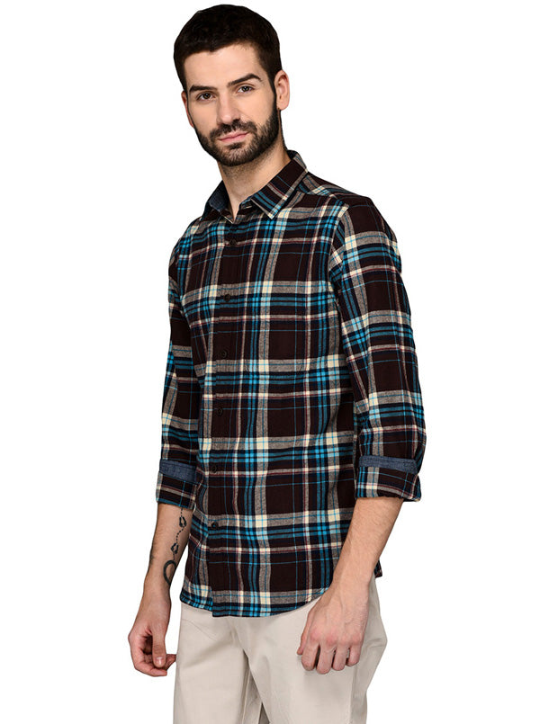 Greenfibre Coffee Brown & Blue Checked Slim Fit Casual Shirt