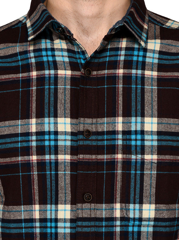 Greenfibre Coffee Brown & Blue Checked Slim Fit Casual Shirt