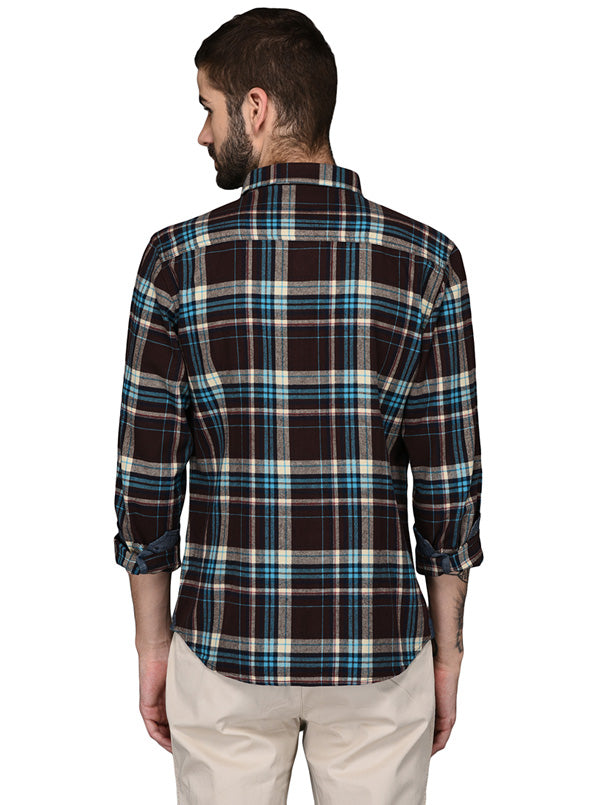 Greenfibre Coffee Brown & Blue Checked Slim Fit Casual Shirt