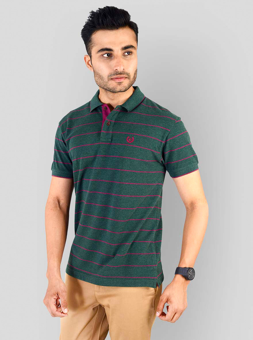 Dark Green & Pink Striped Slim Fit Polo T-shirt | Greenfibre