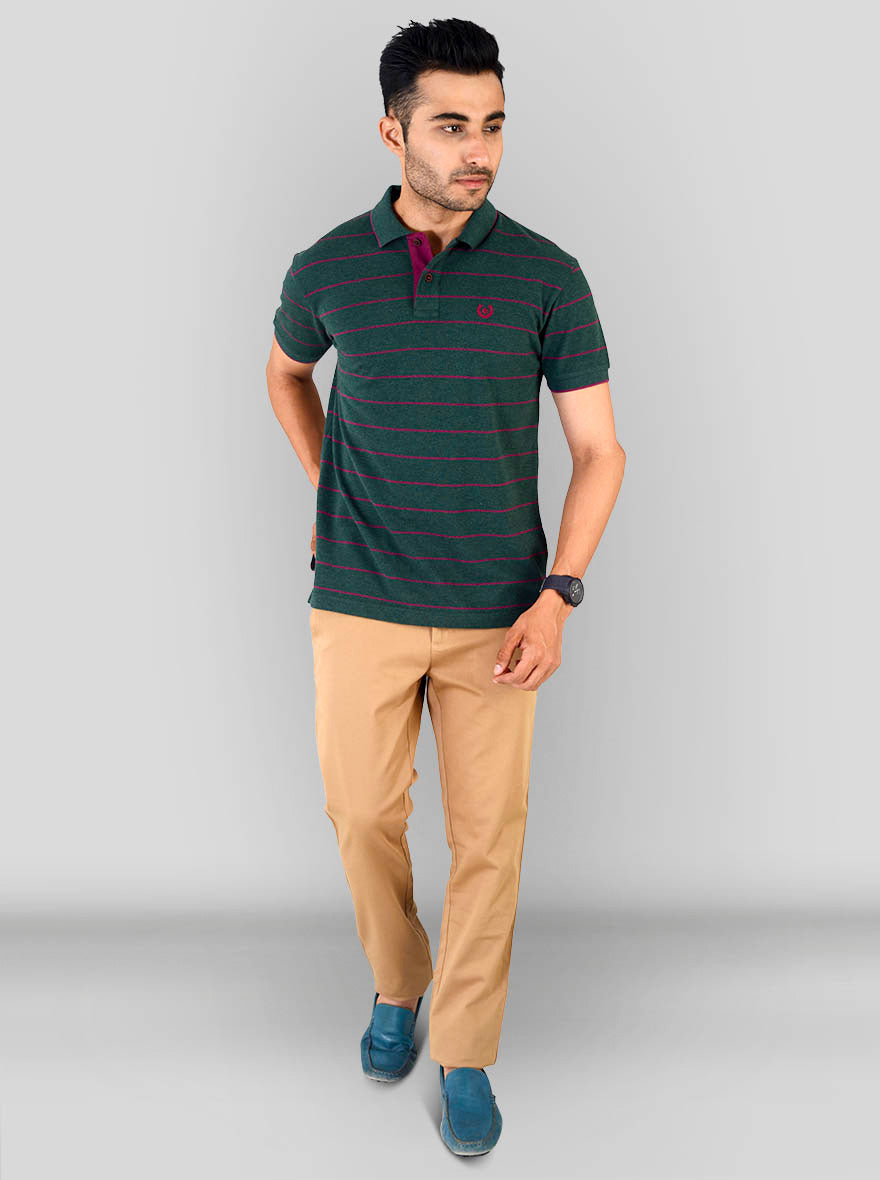 Dark Green & Pink Striped Slim Fit Polo T-shirt | Greenfibre