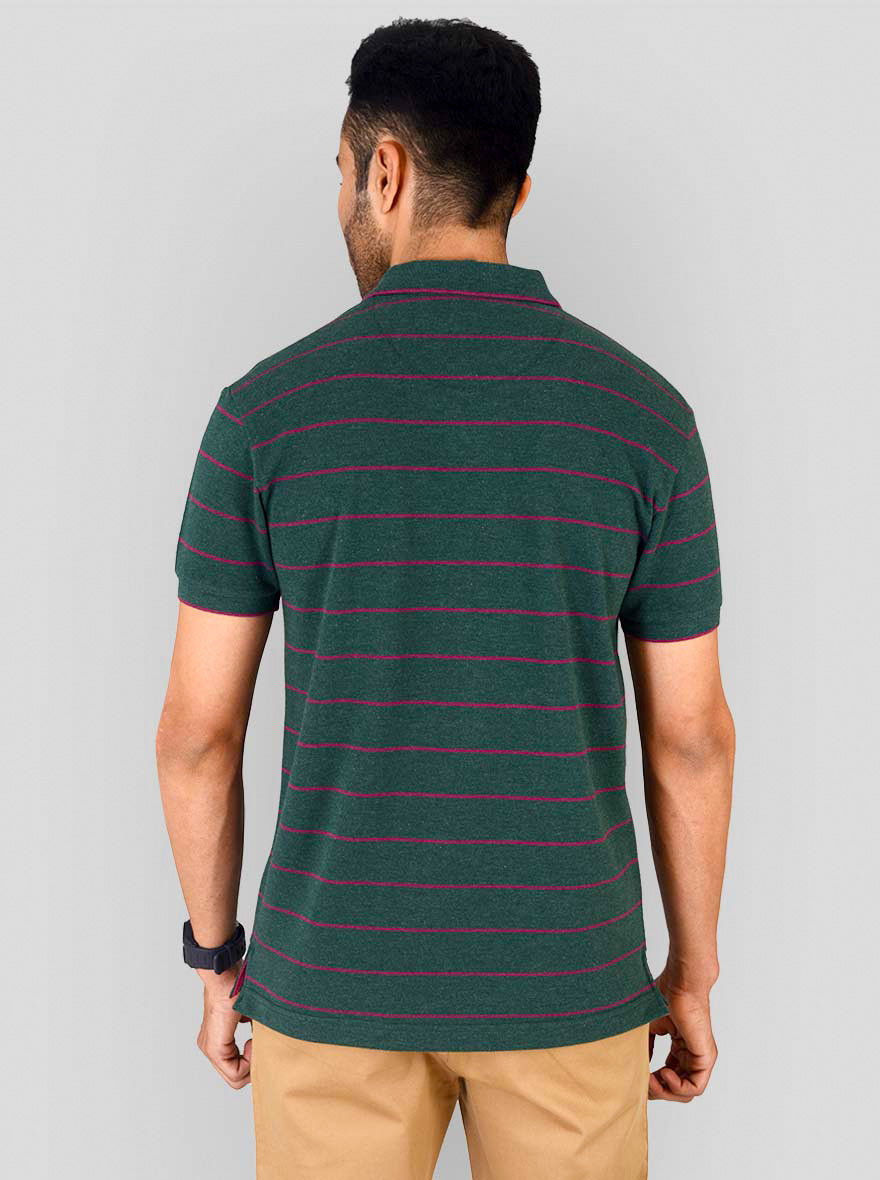 Dark Green & Pink Striped Slim Fit Polo T-shirt | Greenfibre