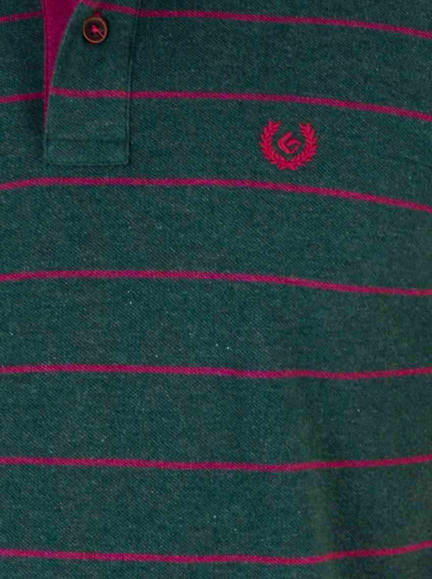 Dark Green & Pink Striped Slim Fit Polo T-shirt | Greenfibre